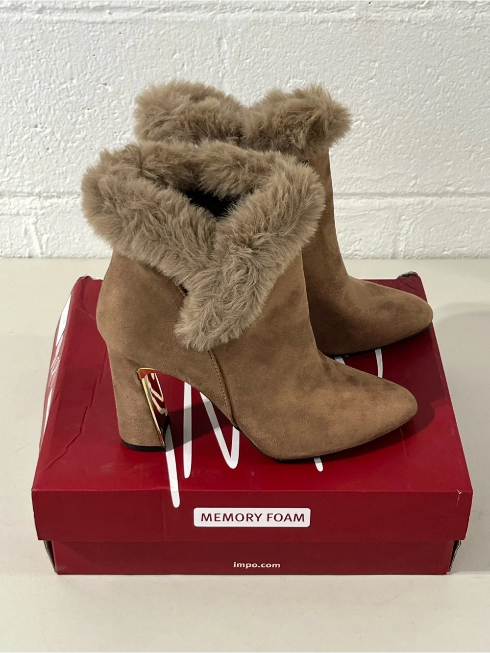 Faux Suede Fur-Trim Ankle Boots in Taupe
